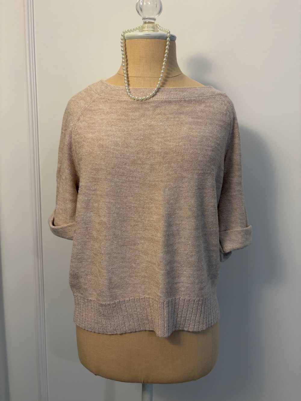 Beautiful Loft Boatneck Sweater, tan/gold with metallic gold  throughout, S, EUC
